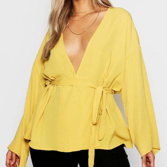 Boohoo Tops - NEW Boohoo Plunge Kimono Sleeve Mustard Yellow Top